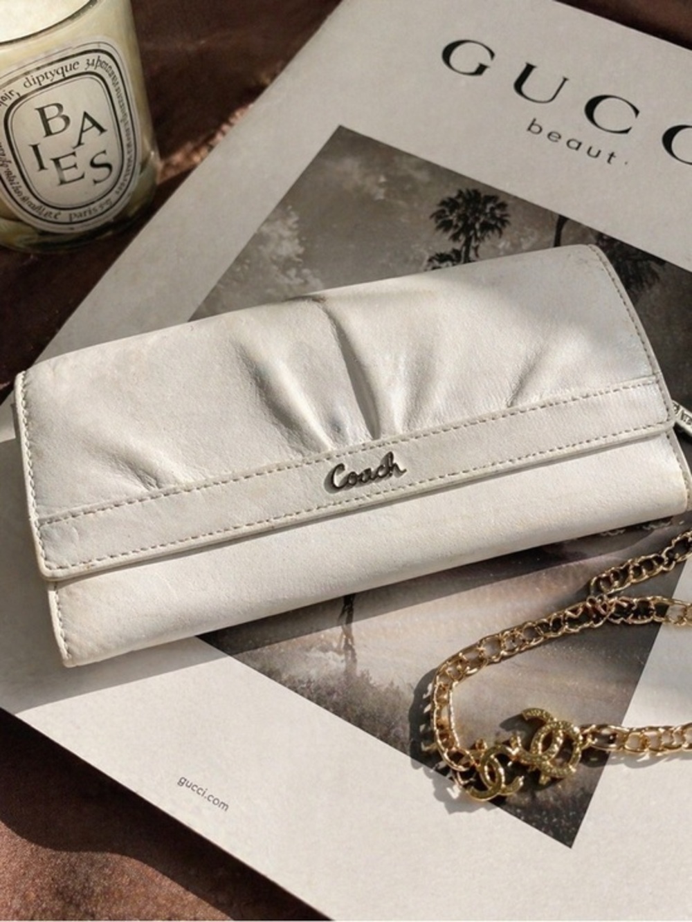 Coach Y2K Leather Long Wallet White Brown Pink Interior Vintage 2000s